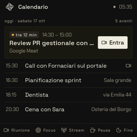 Lo schermo del widget Calendario