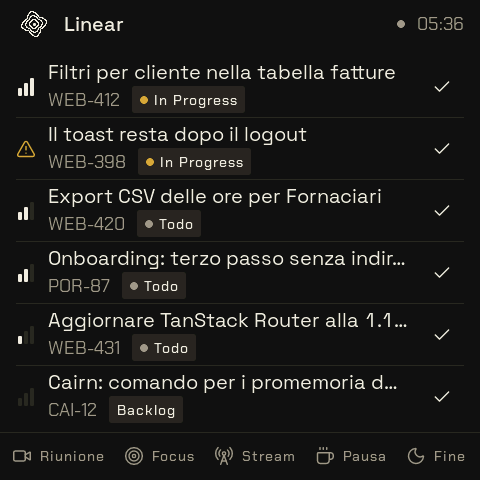 Lo schermo del widget Linear
